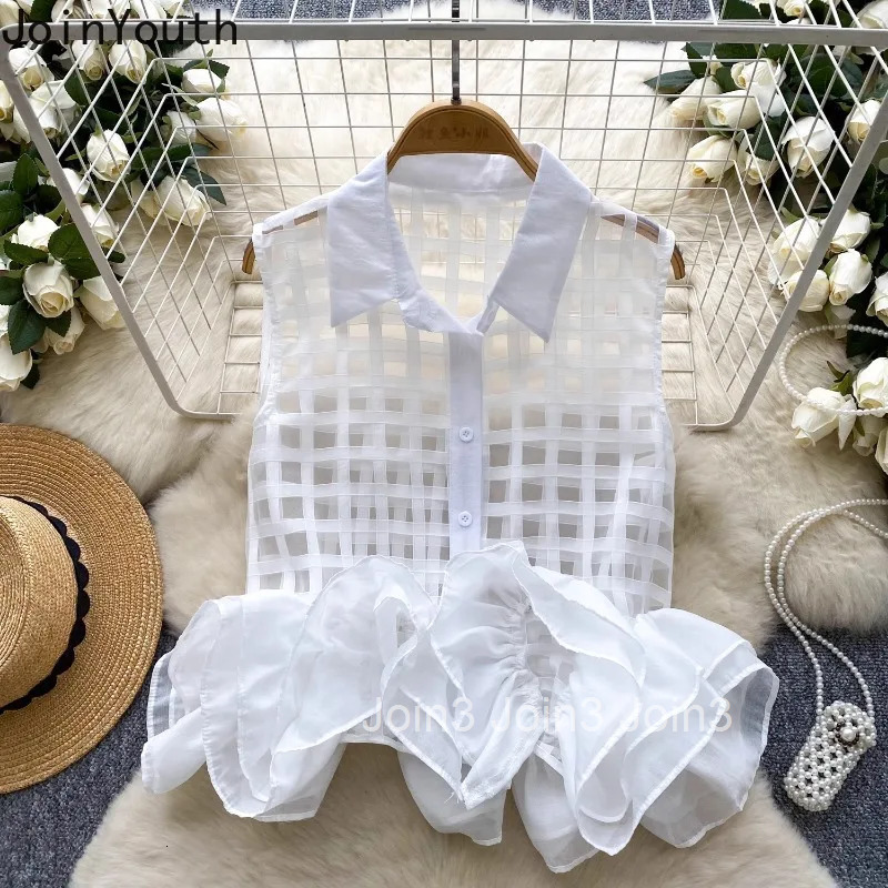 Sleeveless Ruffles Blouse Women Crop Tops 3D Floral Plaid See Through Shirt 2025 Blusas Mujer De Moda Chic Korean Summer Blouses