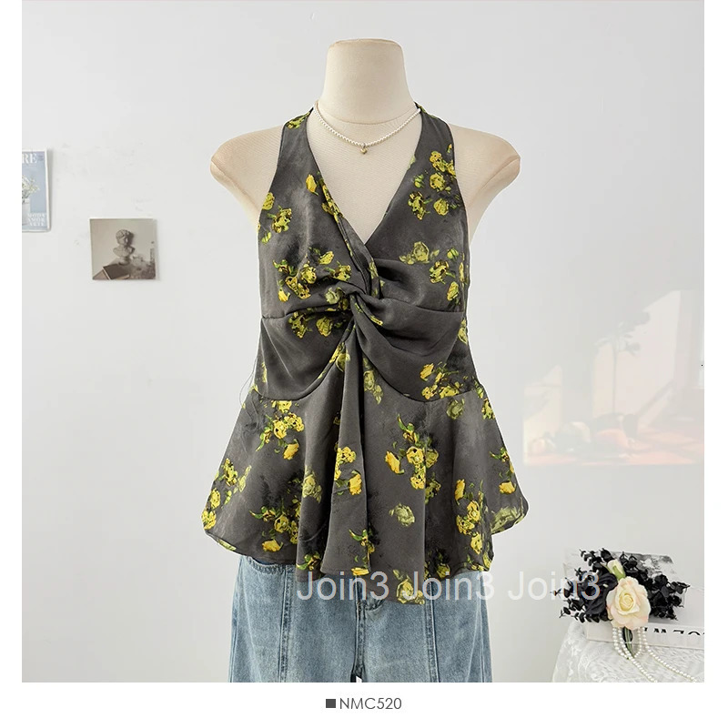 Floral Woman Tanks Folds Backless Sexy Tees 2025 Ropa Mujer Ruffles Summer Camis Fashion Slim Fit Vest Y2k Tops Women Clothing