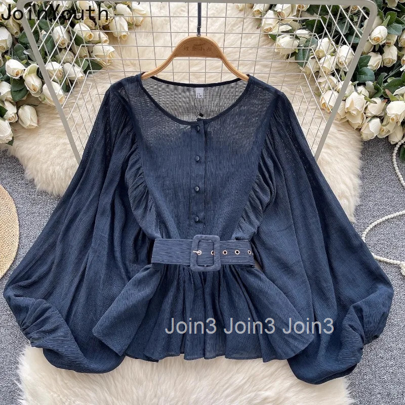 2025 Blusas Mujer De Moda Vintage Women Shirt Folds Slim Waist Blouses Long Sleeve O-neck Temperament Tops Puff Sleeve Chic Tops