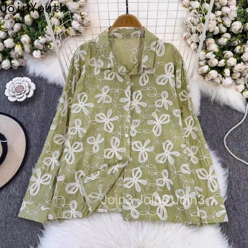 Blouses for Women Long Sleeve Heavy Diamond Embroidery Shirts 2025 Blusas Mujer De Moda Loose Vintage Fashion Korean Blouse Tops