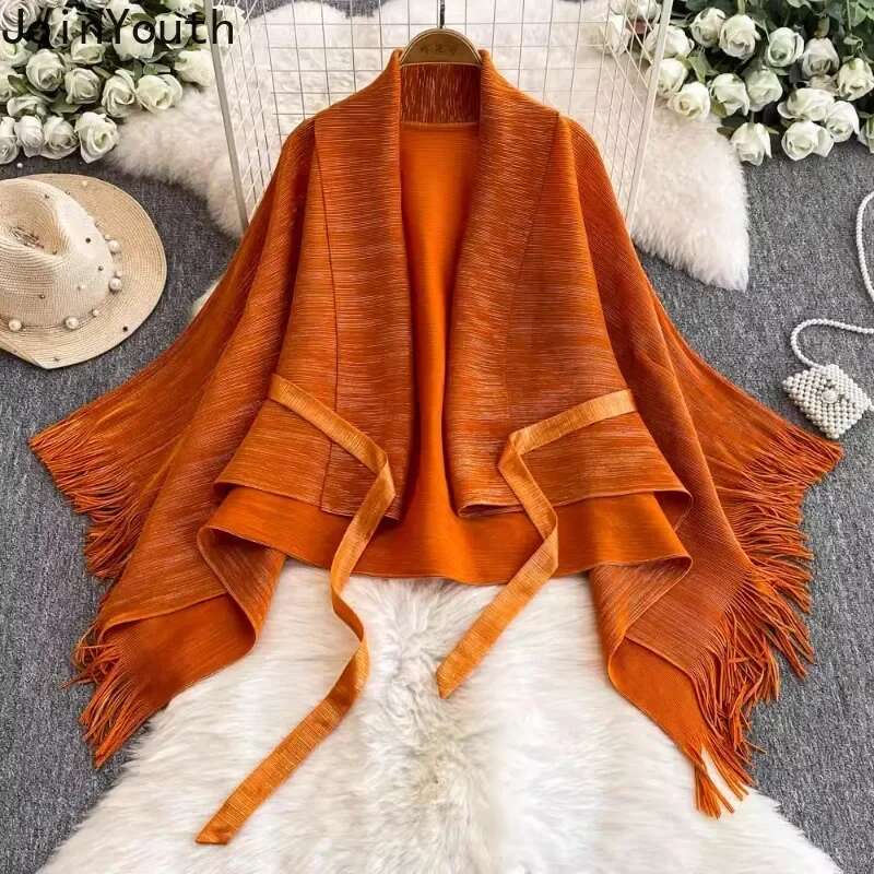 Two Piece Sets Womens Outfits Bandage Tassel Slim Waist Coat High Waist Pleated Wide Leg Pants Suit Roupas Femme Fashion Set