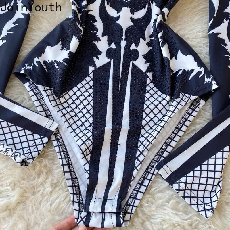 Print Sexy Jumpsuit 2025 Women Clothing Stand Neck Long Sleeve Tunic Bodysuit Fashion Romper Ropa Mujer Korean Playsuit Y2k Tops