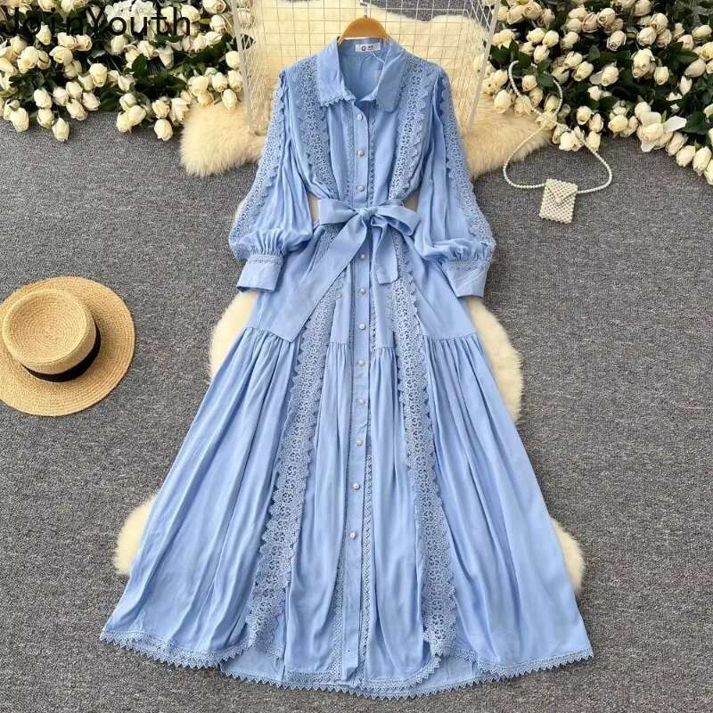Vintage Robe Femme Turn-down Collar Lantern Sleeve Dress Lace Bandage Bow Slim Fit Big Swing Maxi Dresses Elegant Vestido Femme