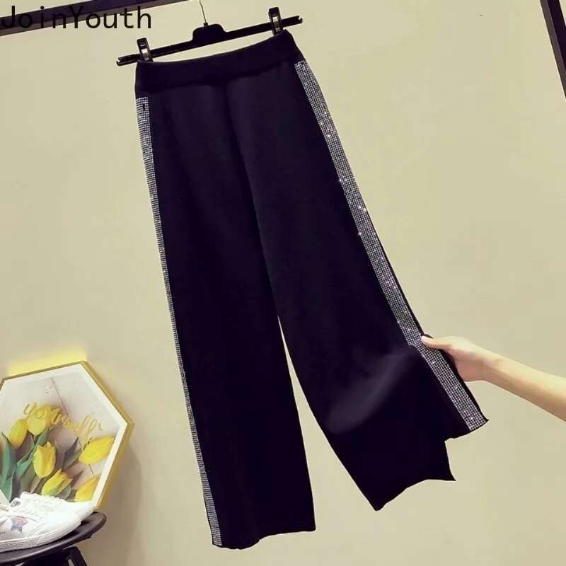Korean Wide Leg Pants for Women 2025 New Bottoms High Waist Straight Pantalon Femme Patchwork Diamond Casual Fashion Trousers