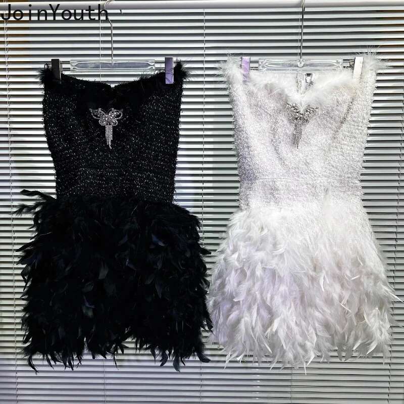 Summer Sexy Party Dresses Women Clothes Patchwork Feather Slim Fit Robe Femme Folds Bodycon Mini Dress 2025 Vestidos De Mujer