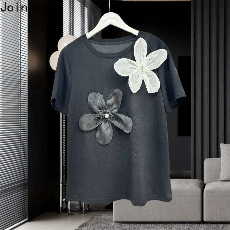 White Woman Tshirts Y2k Tops Short Sleeve O-neck Tees 2025 Ropa Mujer Casual Fashion Loose Camisetas 3D Floral Summer T-shirt