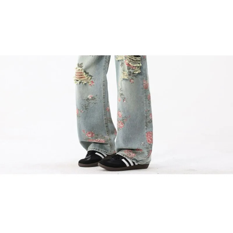 American high street ripped jeans mens summer floral sense beggar straight-leg pants high-end slim wide-leg pants 250618