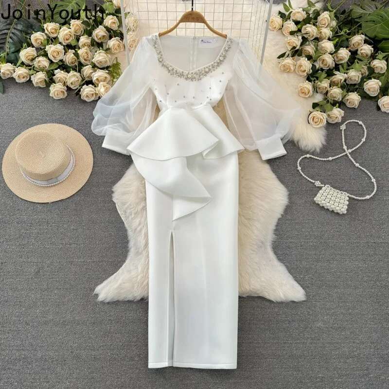 Temperament Robe Femme Party Dresses for Women Gauze Lantern Sleeve Square Collar Beading Split Dress 2025 Vestidos De Mujer