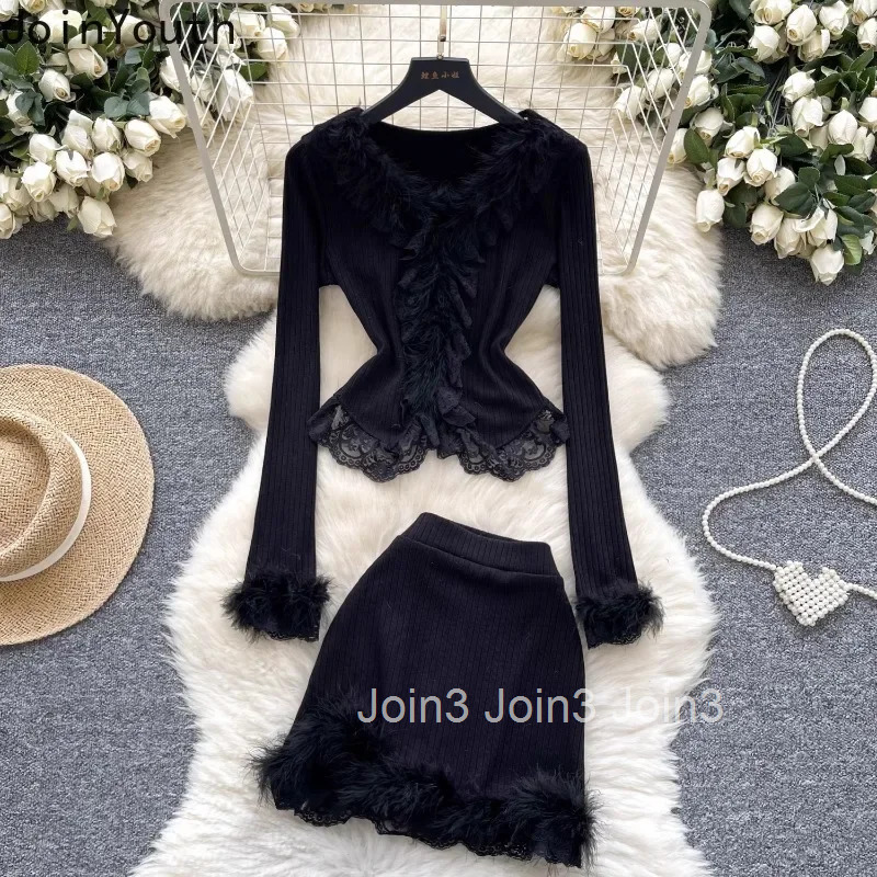 Skirts Ouftis Korean Two Piece Sets Womens Clothing Patchwork Lace V-neck Tops Ruffles Bodycon Mini Skirt Suit Chic Knitted Set