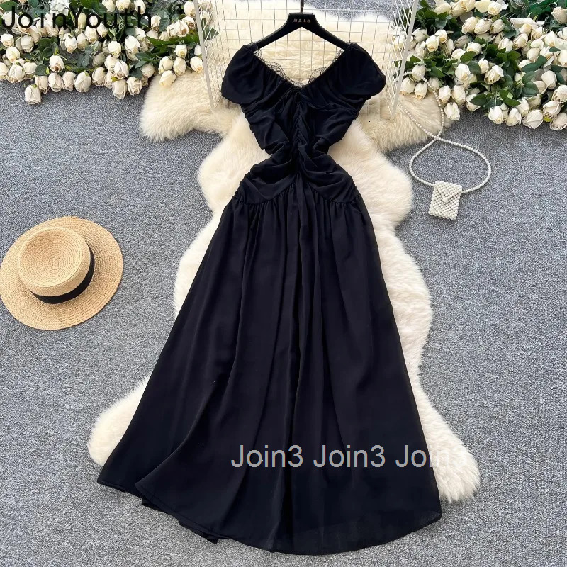 Elegant Dress Women Clothes Patchwork Lace V-neck Slim Waist Folds Robe Femme 2025 Vestidos De Mujer Bandage Summer Maxi Dresses