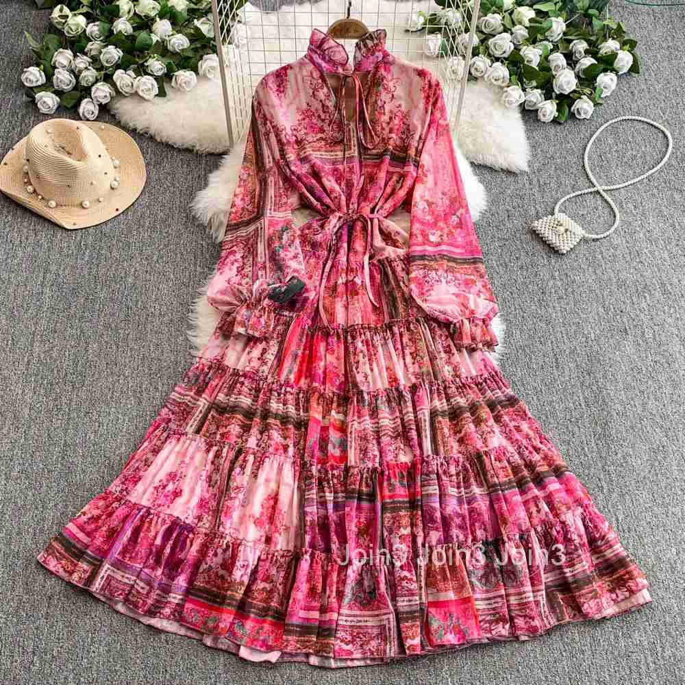 Vintage Maxi Dress Womens Clothing 2025 Vestidos De Mujer Floral Chiffon Slim Waist Robe Femme Fashion Summer Sweet Dresses