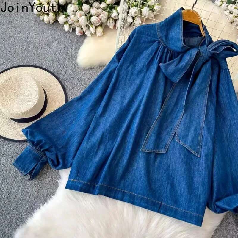 2025 Camisas De Mujer Denim Blouse Womens Clothing Temperament Lady Tops Bandage Bow Loose Fashion Casual Shirts Blouses 63b445