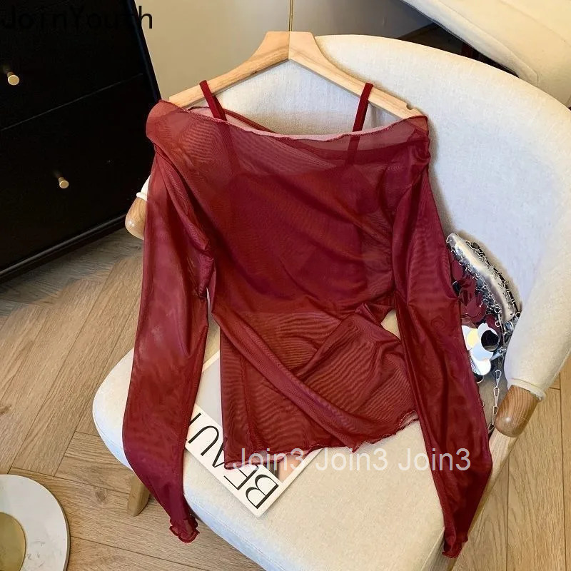 Women Clothing Sexy T Shirts Gauze Slash Neck Tunic Print Tees Y2k Tops Fashion Summer T-shirt Suit Casual Korean 2 Piece Set