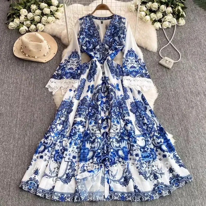 2025 Vestidos De Mujer Floral Dresses Women V-neck Slim Waist Lace Flare Sleeve Robe Femme Vintage Big Swing Elegant Maxi Dress