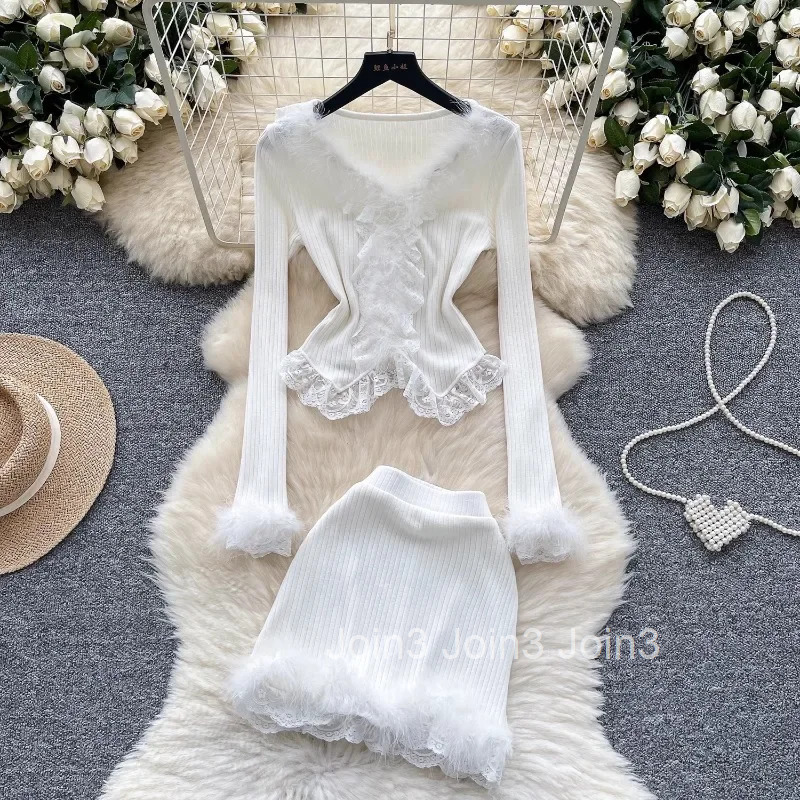 Skirts Ouftis Korean Two Piece Sets Womens Clothing Patchwork Lace V-neck Tops Ruffles Bodycon Mini Skirt Suit Chic Knitted Set