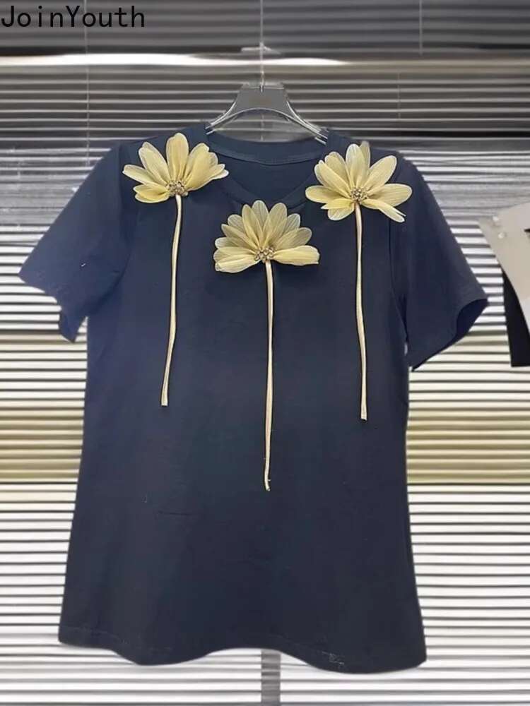 White Casual Woman Tshirts O-neck Short Sleeve Tees Fashion Korean Camisetas 3D Floral Summer T-shirt Tops Women Clothing 63c631