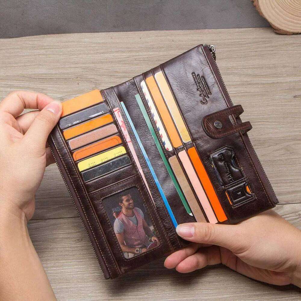 Designer bag CONTACT'S Genuine Leather Long Wallets for Men Vintage Card Holder Coin Purses Money Clips Phone Pocket Male Name Engrave Wallet