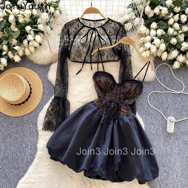 Dress Outfits Women Clothing Lace See Through Tops Tunic Bandage A-line Sweet Dresses Suit Fashion Summer Korean 2 Piece Sets