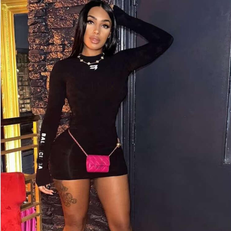 2025 Spring Designer Womens Dresses Letter Printed Long Sleeve Slim Fit Wrap Hip Black Dress