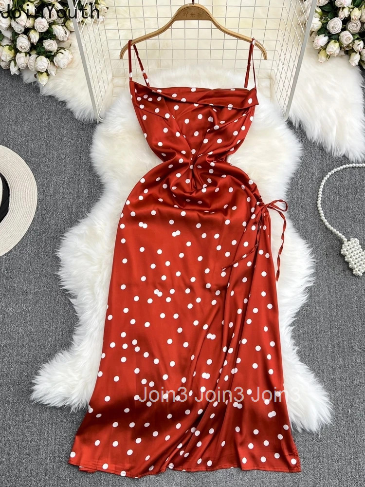 Summer Dress for Women Slim Waist Sleeveless Sling Robe Femme 2025 Vestidos De Mujer Polka Dot Drawstring Fashion Dresses 27v724
