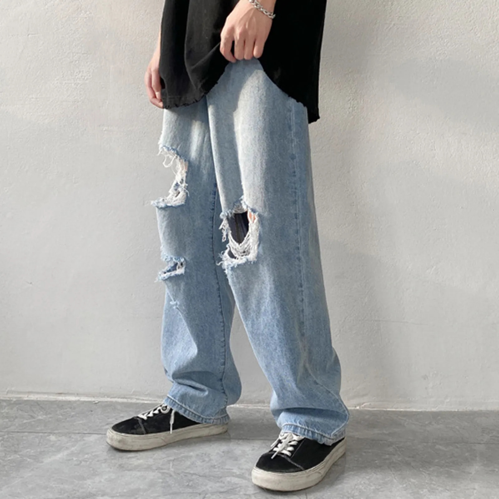 Mens Summer Distressed Denim Pants Make Old Multi Hole Jeans Trouser Chic Hip Hop Streetwear Plus Size Loose Trouser 250617