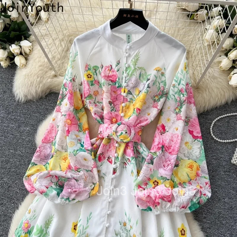 2025 Vestidos Mujer De Moda Floral Elegant Dress for Women Slim Waist Single Breasted Lantern Sleeve Robe Femme Maxi Dresses