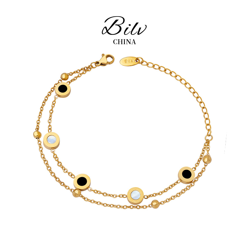 18K Gold Plated Layered Bracelet, Double - Chain with Black & White Circular Charms, Trendy Dainty Jewelry for Women