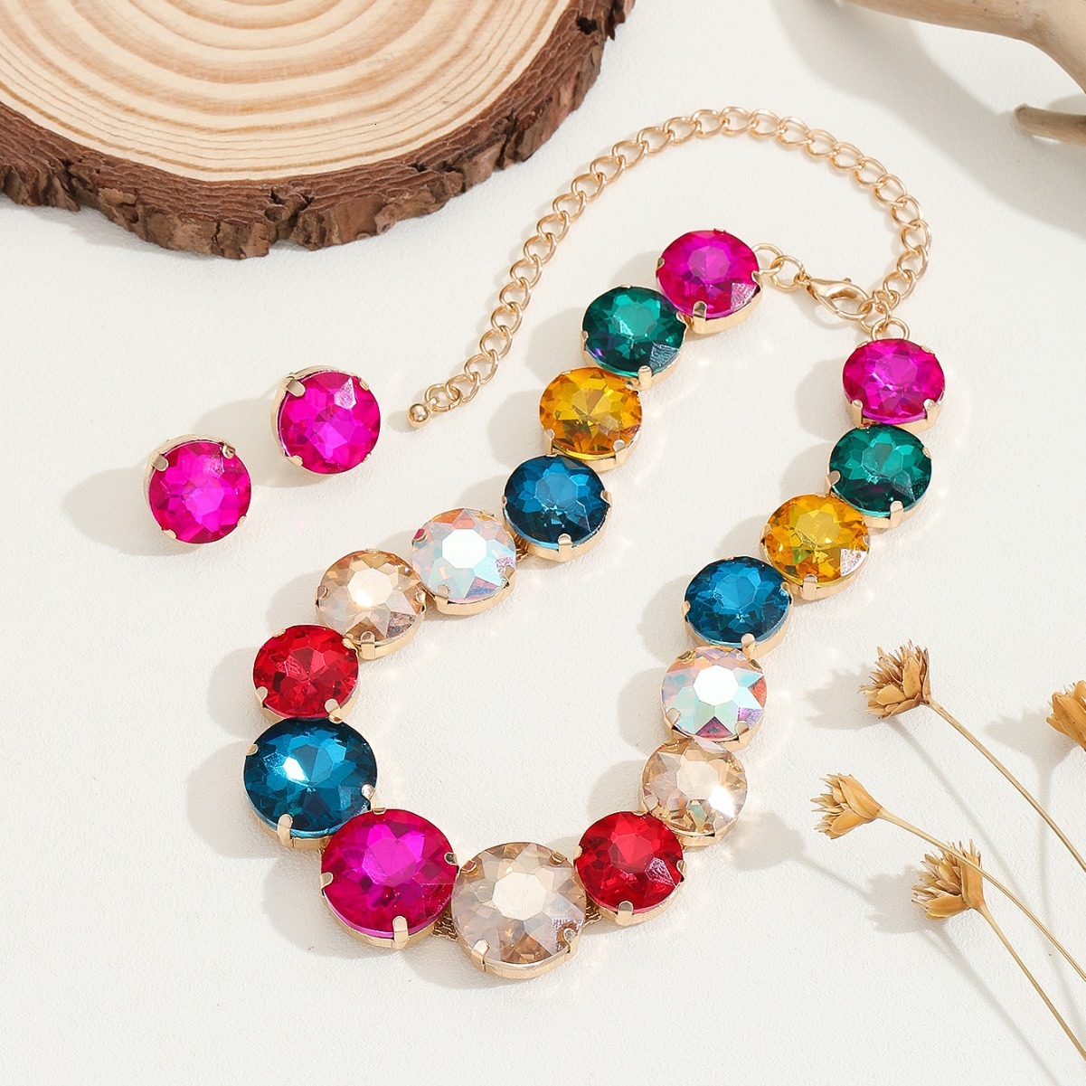 American Style Simple And Earring Set Inlaid Corful Long Necklace Fashion Sweet Earrings