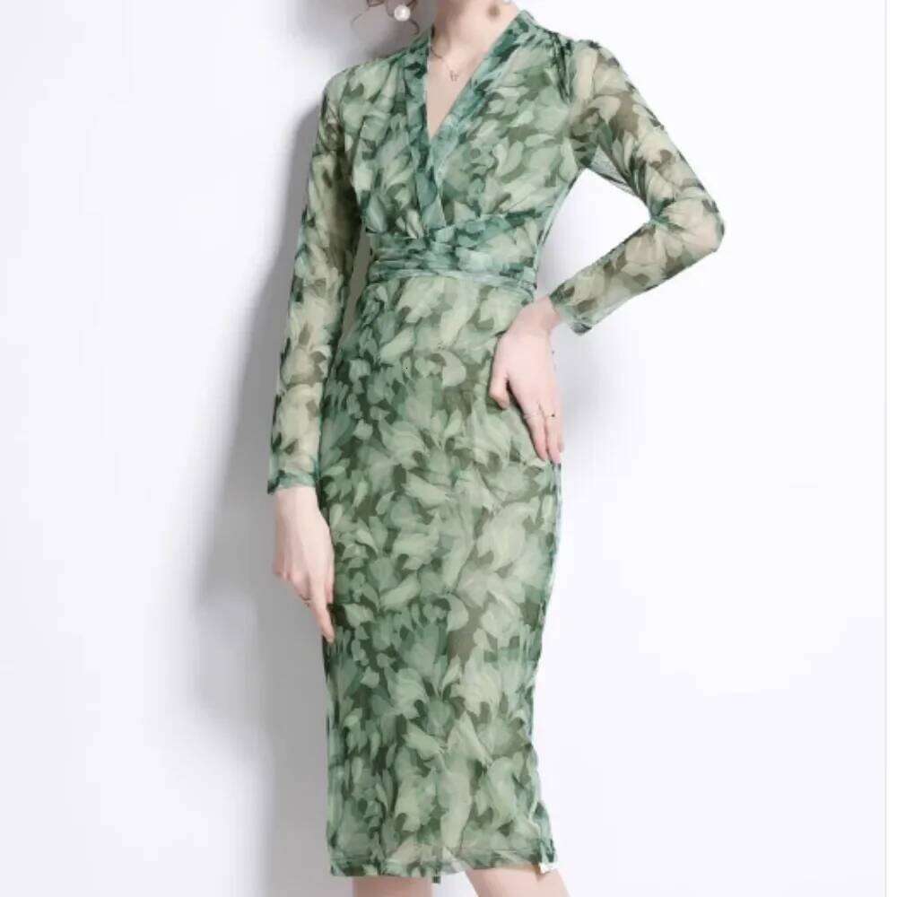 Chic Elegant Floral Print Mesh Criss-Cross Sexy French Vestidos Long Sleeve High Waist Women Spring Autumn Pencil Dress