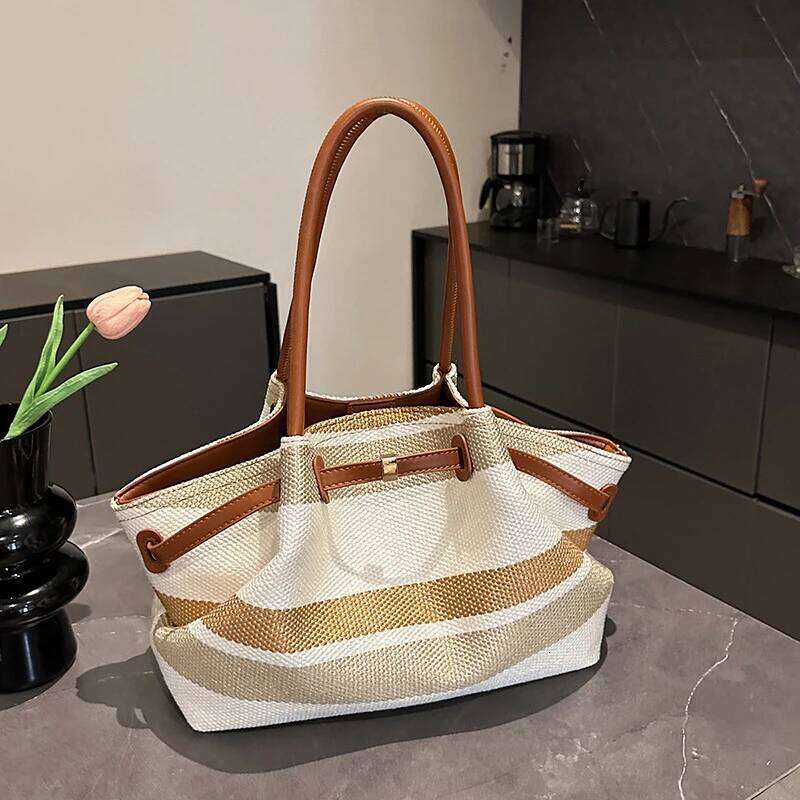 New Canvas Woven Dumpling Women Striped Contrast Tote High Quality Designer Commuter Versatile Gift Shoulder Bag