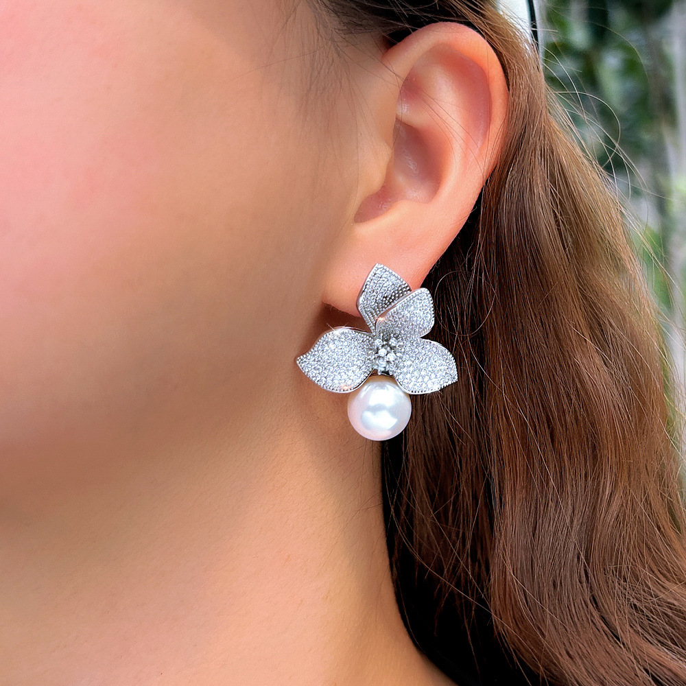 Choucong Ins Top Sell Luxury Jewelry 925 Sterling Silver Pave White Zircon Large Pearl CZ Diamond Party Stylish Women Wedding Flower Bridal Stud Earri