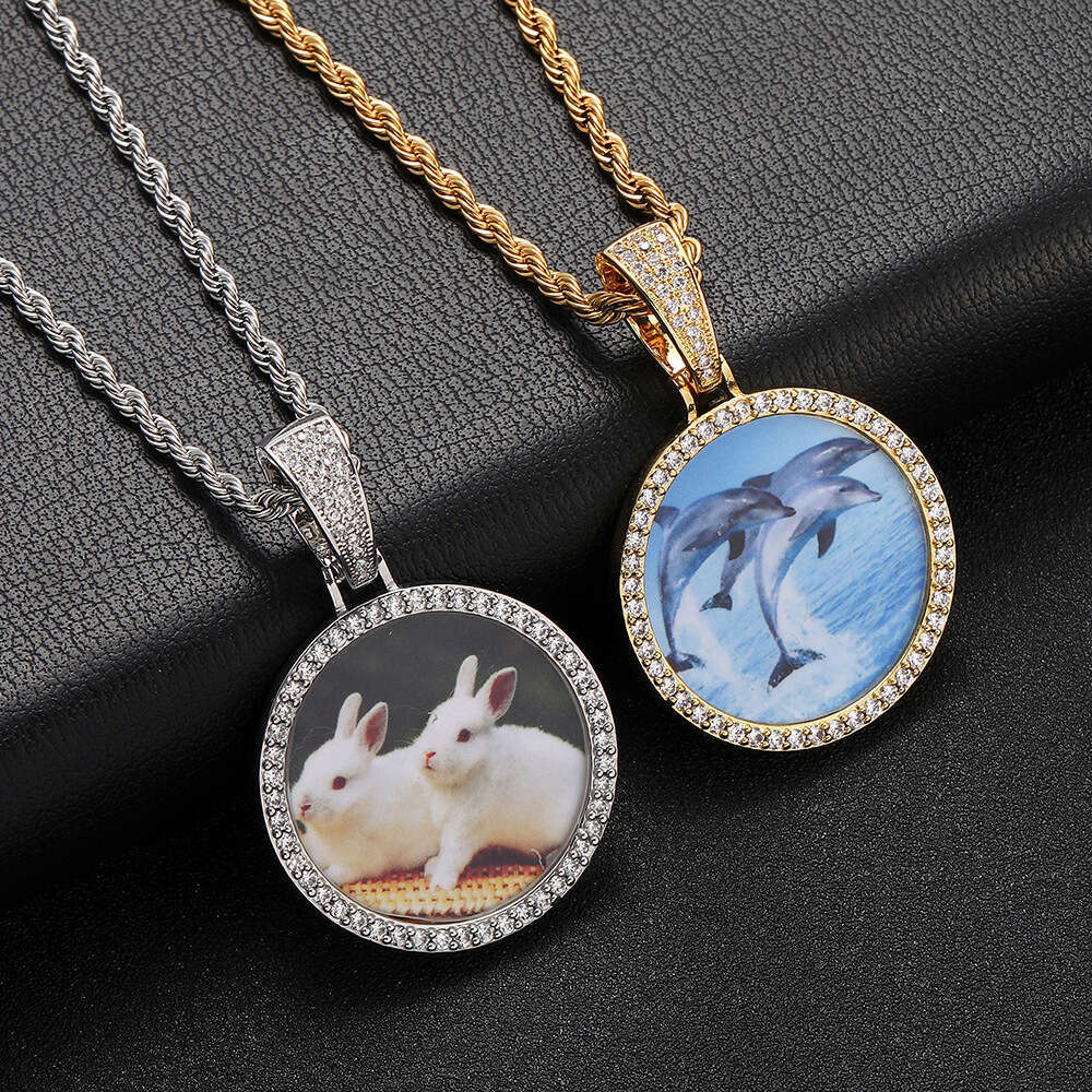 New Small Round Pendant Micro Paved Zircon Trendy Hip Hop Photo Frame Men's Necklace 1d99