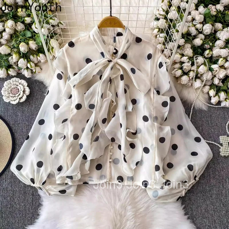 2025 Blusas Mujer De Moda Blouses for Women Stand Neck Bangage Lantern Sleeve Loose Shirts Vintage Polka Dot Ruffles Blouse Tops