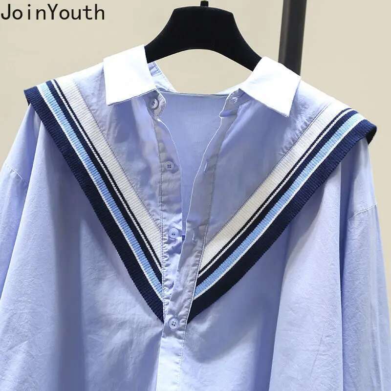 Cotton Long Sleeve Shirts Womens Clothing Loose Casual Blouses Patchwork Knit Striped Blusas Mujer 2025 Korean Ruffles Tops