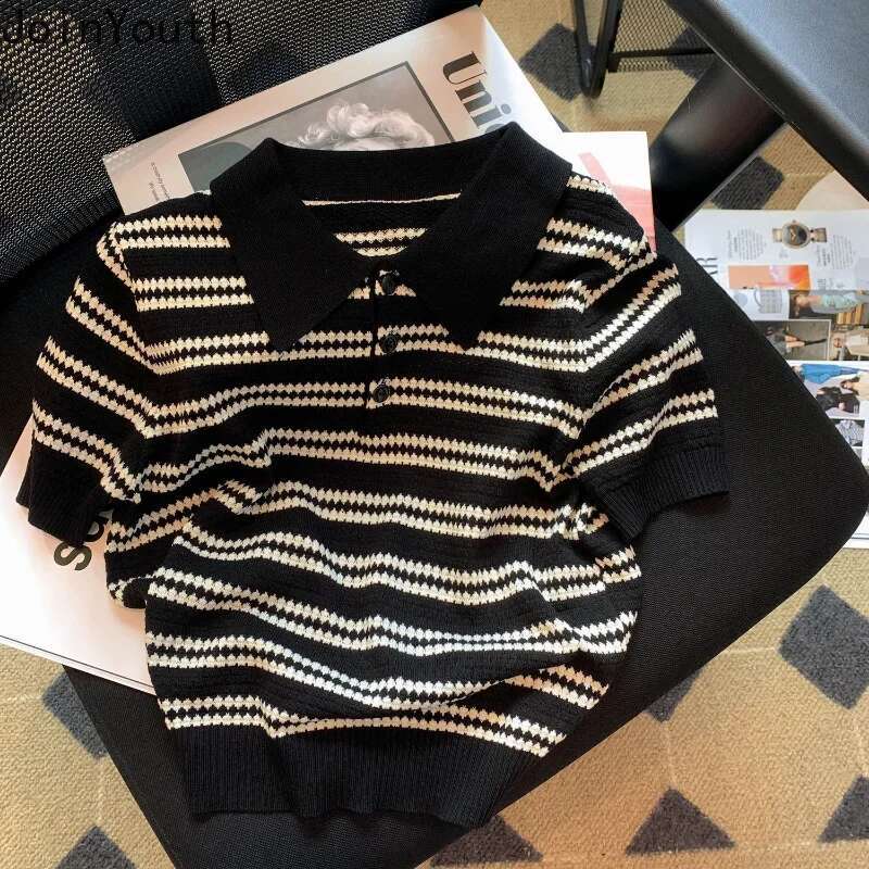 Summer Woman Tshirts 2025 Shirts for Women Fashion Striped Casual Tees Korean Knitted T Shirts Short Sleeve Crop Tops Ropa Mujer