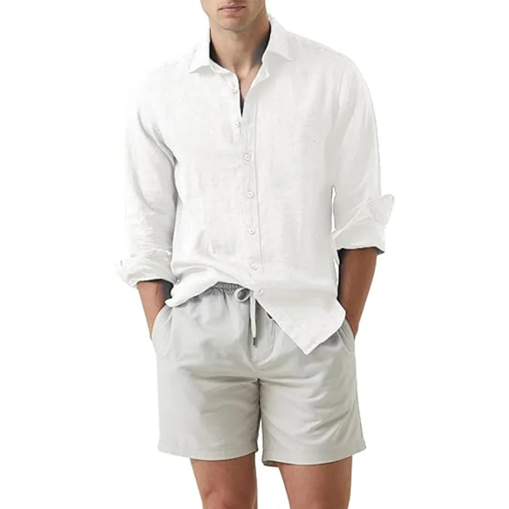 Summer Shirt Beach Cotton Linen Shirts Men Cardigan Tops Long Sleeved Turn Down Collar Slim Fit Large Size 250618