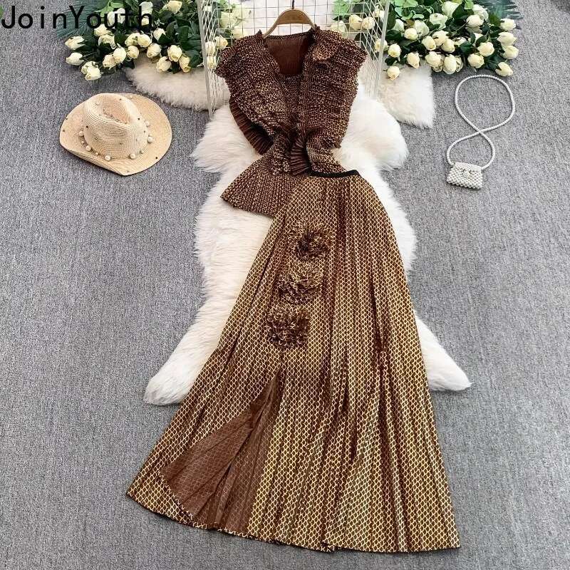 Summer Women Clothing Floral Piece Sets V-neck Sleeveless Slim Wais Tops High Waist Split Skirt Outfits Vintage Elegant Suit