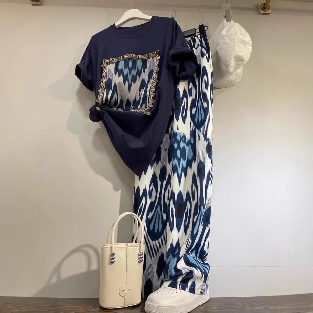 High Waist Wide Leg Pants Short Sleeve Vintage Print Top Casual Fashion Summer Two Piece Set Womens Clothing AE Stock 250617