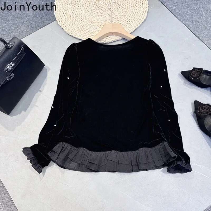 Velvet T Shirts Womens Clothing Long Sleeve O-neck Ruffles Tees Heavy Diamond Slim Fit Camisetas Korean Temperament Tshirt Tops