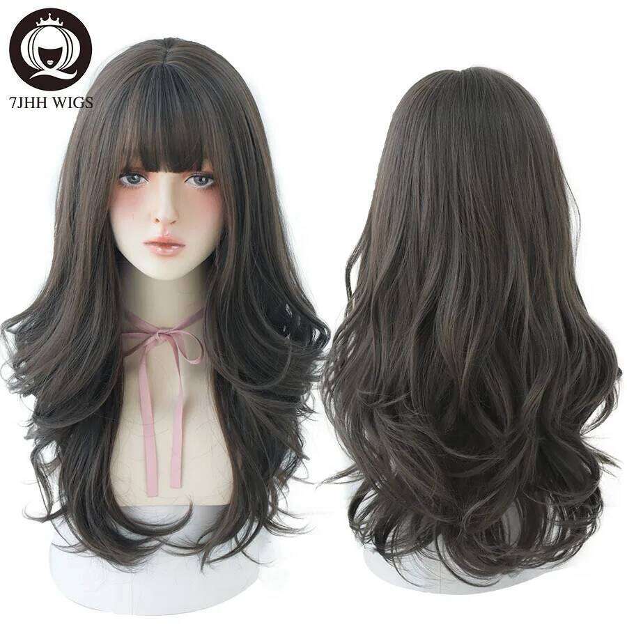 7JHH WIGS Long Fashion Deep Wave Pink Ombre Brown For Women Synthetic Loose Hair Wigs With Bangs Heat Resistant Thick Wig