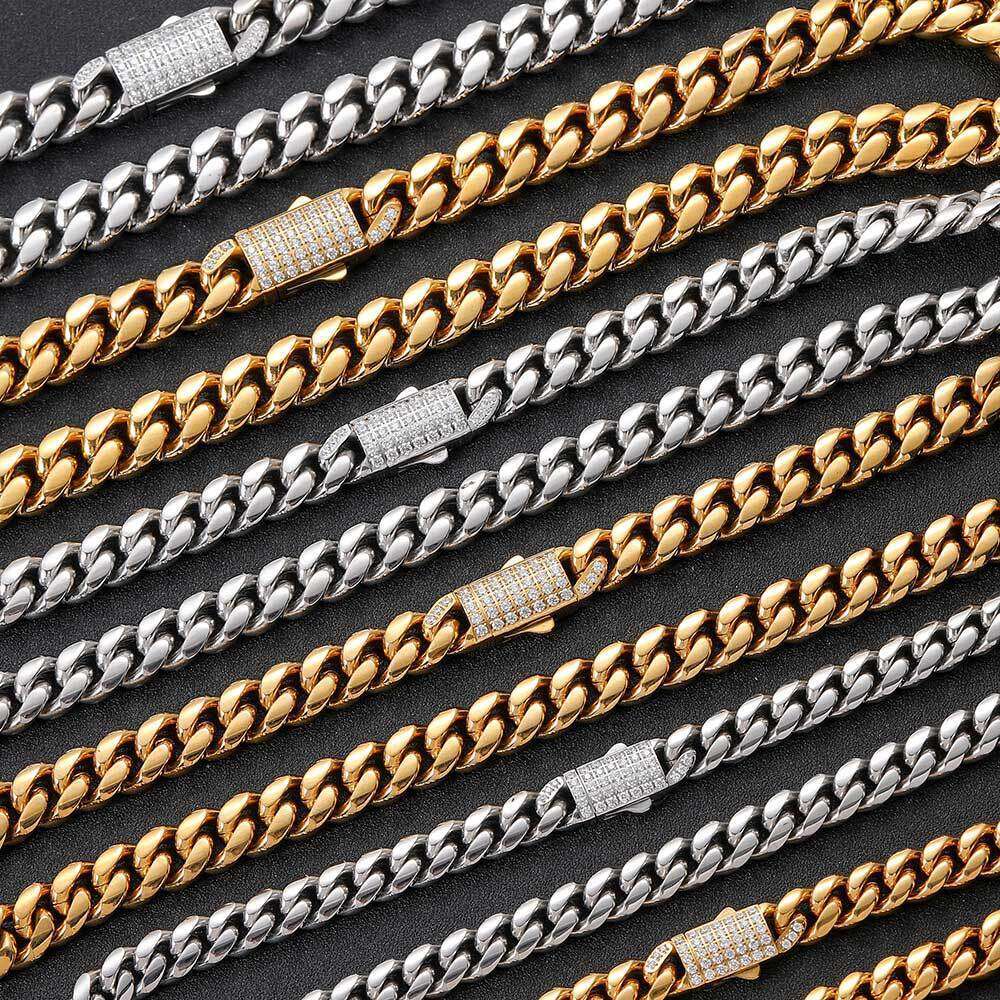 Stainless Round Polished Cuban Chain Necklace Hip Hop Brand Inlaid with Dias Snap Button Titanium Steel Men's Bracelet Jewelry ae40