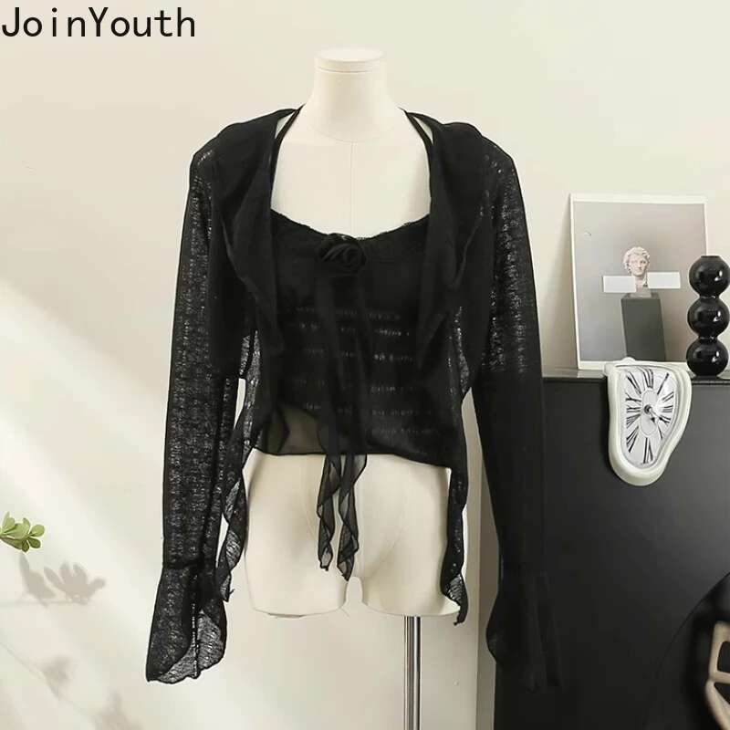 2025 Womens Clothing Two Piece Sets Ruffles Long Sleeve Blouses 3D Floral Patchwork Vest Outfits Roupas Femme Chic Summer Suit