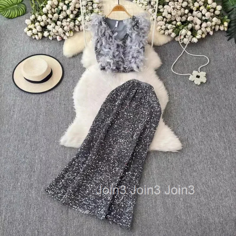 Fashion Outfits Women Clothing 2 Piece Set Sequin Feather Sexy Vest High Waist Bodycon Skirt Suit Roupas Femme Chic Summer Sets