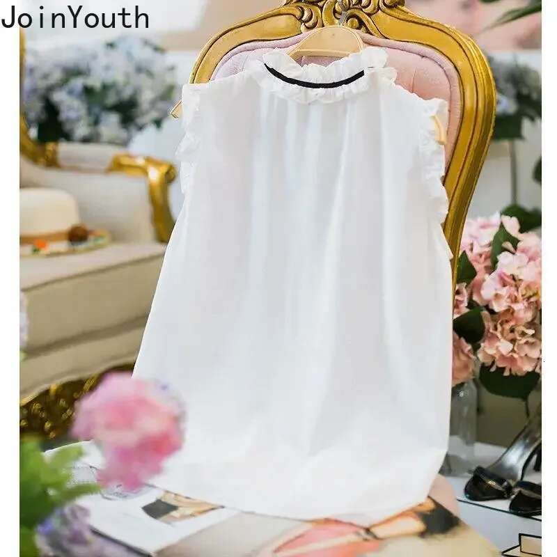 2025 Blusas Mujer De Moda Stand Neck Sleeveless Blouse Women Ruffles Sweet Tunic Tops Chic Vintage Summer Blouses Shirts 27m661