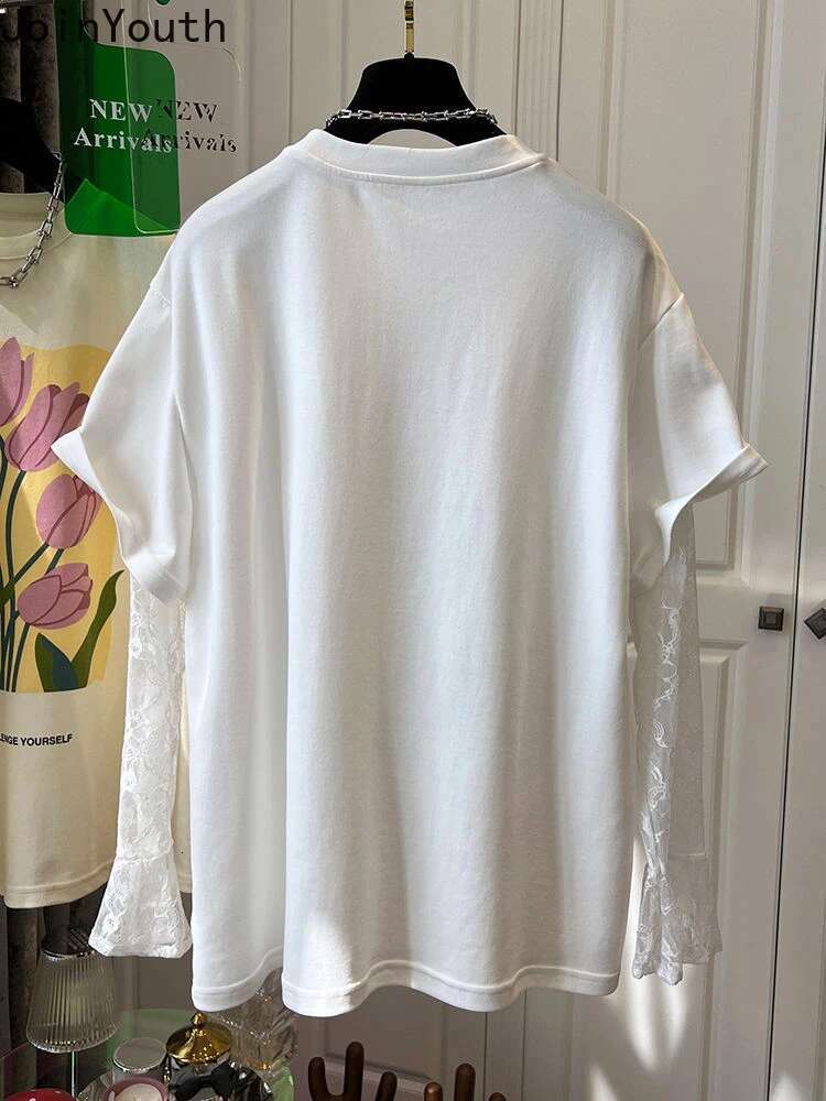 Oversized Woman T Shirts Fake Two Tees Lace Long Sleeve O-neck Floral Camisetas Y2k Tops 2025 Ropa Mujer Chic Casual Y2k Tshirt