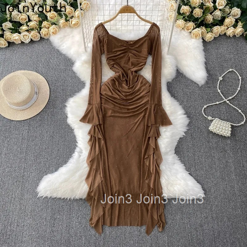 2025 Vestidos De Mujer Flare Sleeve Square Collar Dress Women Tunic Folds Temperament Robe Femme Ruffles Summer Maxi Dresses