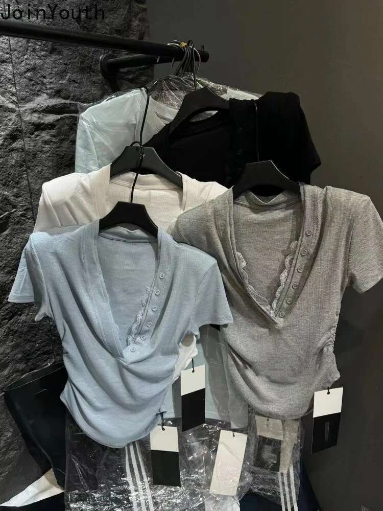 Patchwork Lace Ve-neck T Shirts 2025 Women Clothing Short Sleeve Tunic Camisetas Ropa Mujer Casual Fashion Summer Tshirt Tops