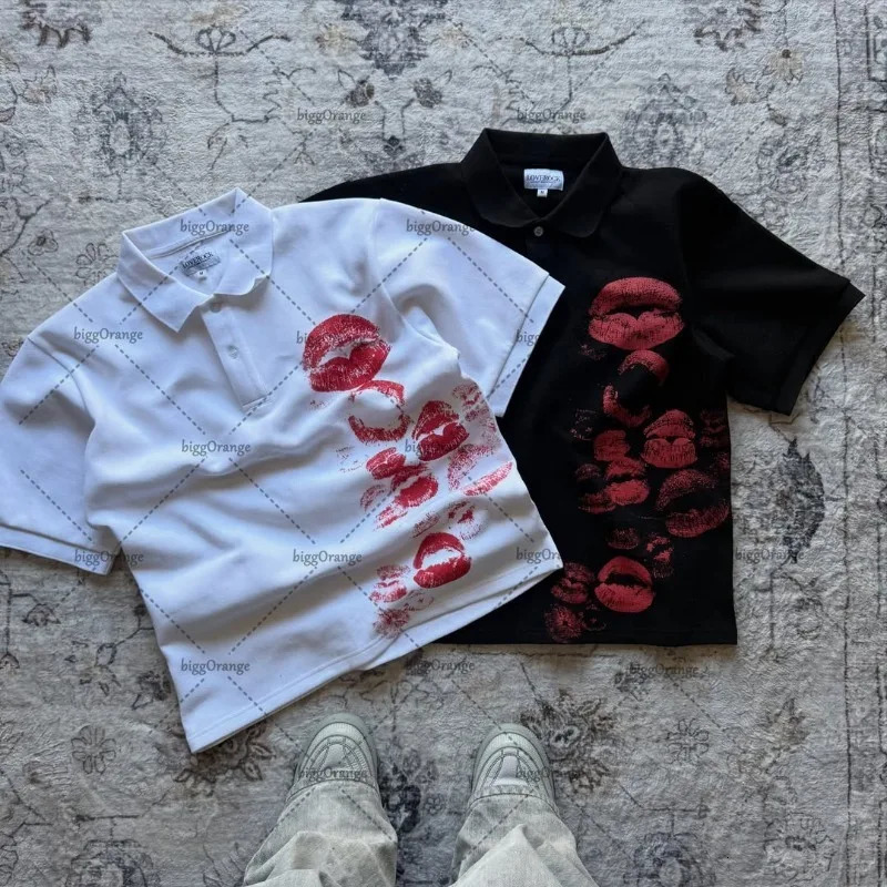 Retro Harajuku Goth Punk Oversized Cotton Lapel T-shirt Men Y2k Summer Streetwear American Hip-hop Casual Trendy Polo Shirt 250617