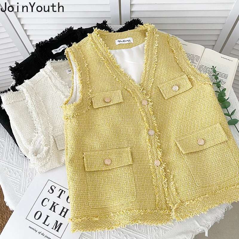 Fashion Vest for Women V-neck Sleeveless Tweed Single-breasted Tassel Waistcoat Topa Mujer Korean Temperament Coat Tops Femme