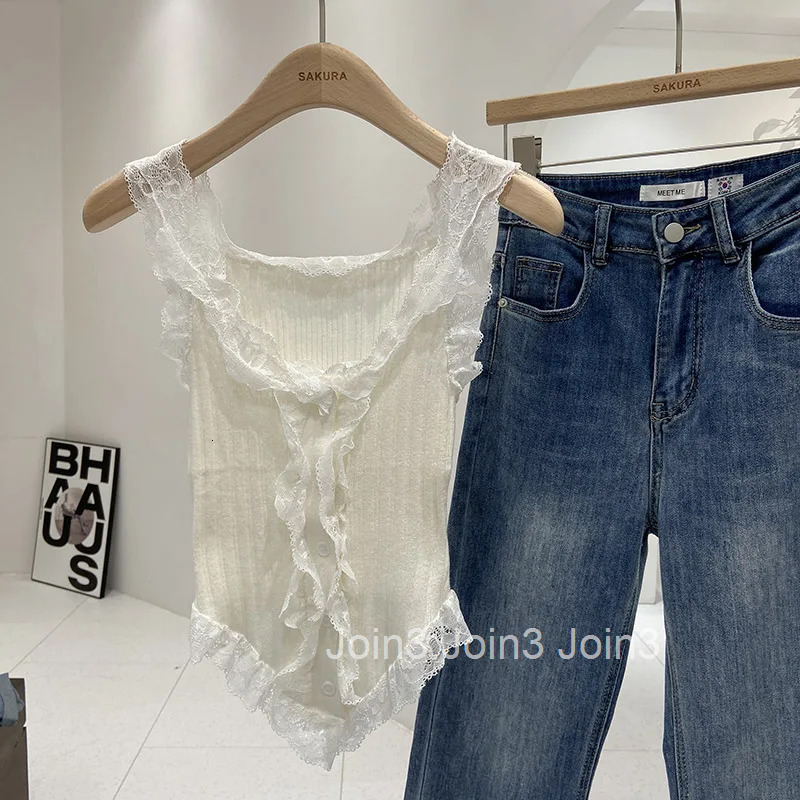 Sweet Crop Top Korean Tanks Womens Clothing Tunic Sleeveless Knitted Camis 2025 Ropa Mujer Patchwork Lace Fashion Sexy Vest